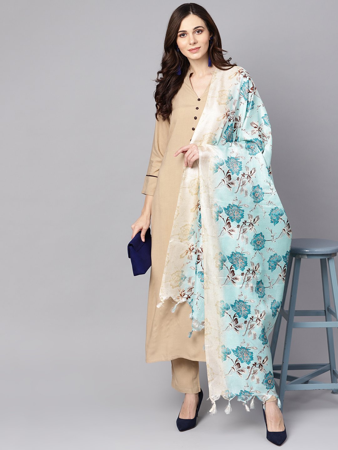 Beige 3/4th sleeve Rayon Kurta with ankle length palazzo and printed dupatta | NOZ2TOZ - Made In INDIA.