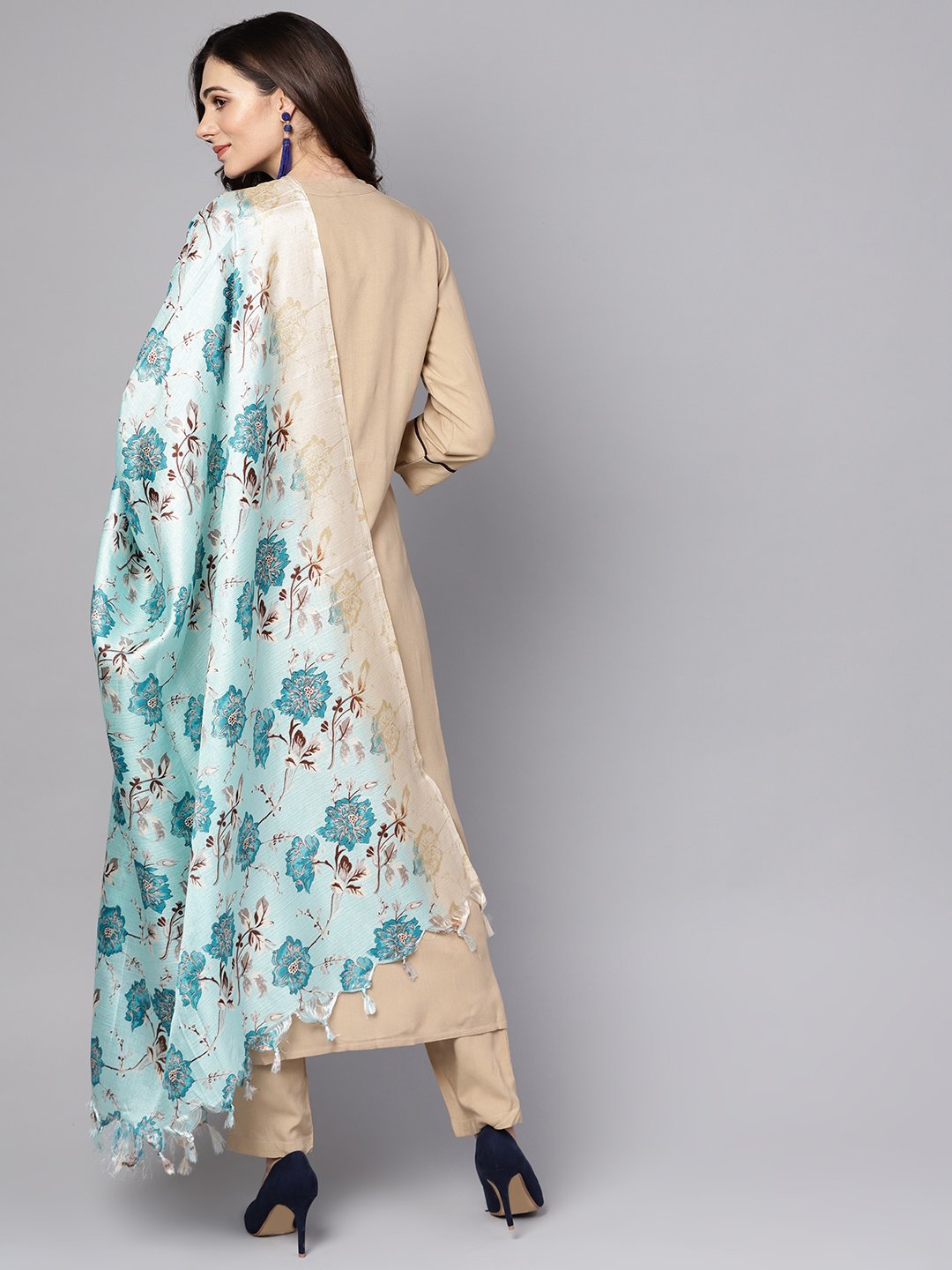 Beige 3/4th sleeve Rayon Kurta with ankle length palazzo and printed dupatta | NOZ2TOZ - Made In INDIA.