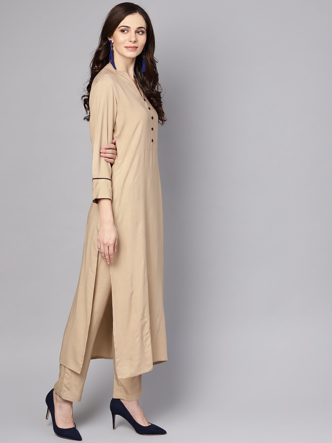 Beige 3/4th sleeve Rayon Kurta with ankle length palazzo and printed dupatta | NOZ2TOZ - Made In INDIA.