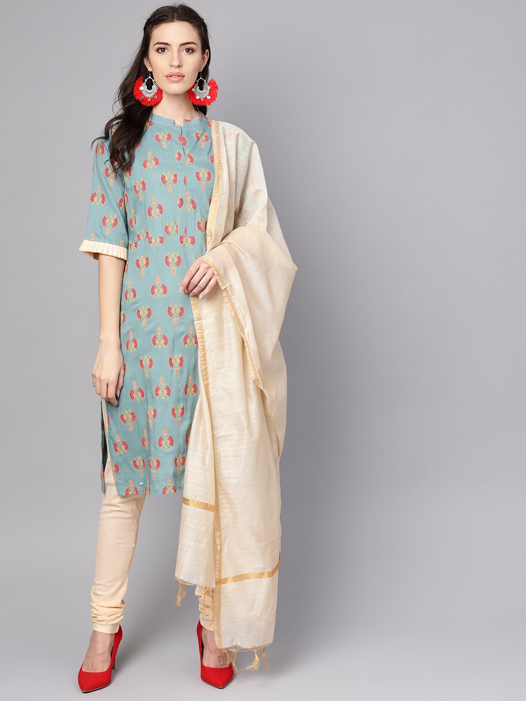 Green printed half sleeve cotton kurta with beige churidar and dupatta | NOZ2TOZ - Made In INDIA.