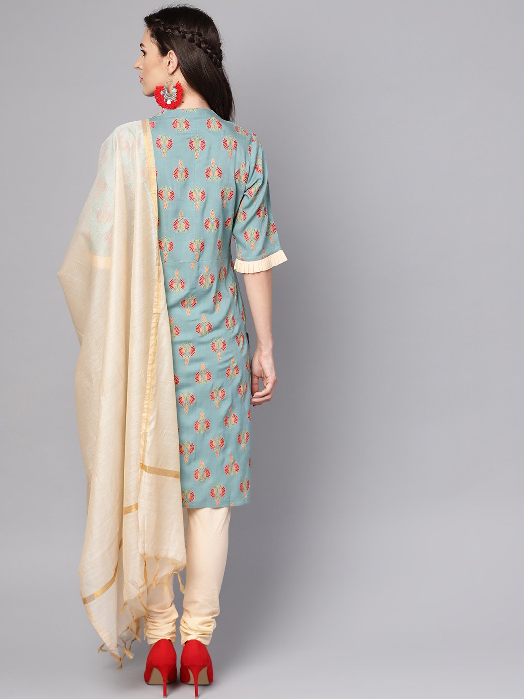 Green printed half sleeve cotton kurta with beige churidar and dupatta | NOZ2TOZ - Made In INDIA.