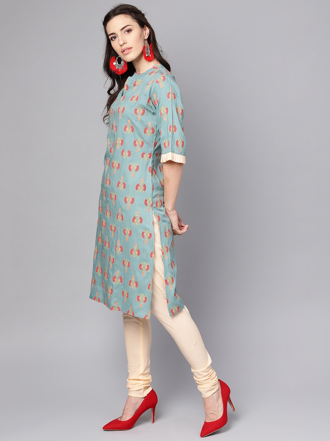 Green printed half sleeve cotton kurta with beige churidar and dupatta | NOZ2TOZ - Made In INDIA.