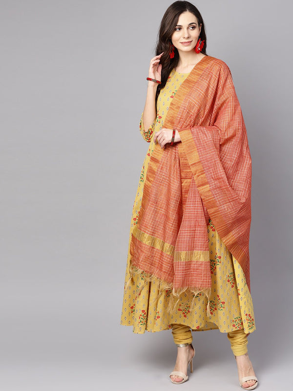 Yellow 3/4th sleeve cotton Anarkali kurta with churidar and dupatta | NOZ2TOZ - Made In INDIA.