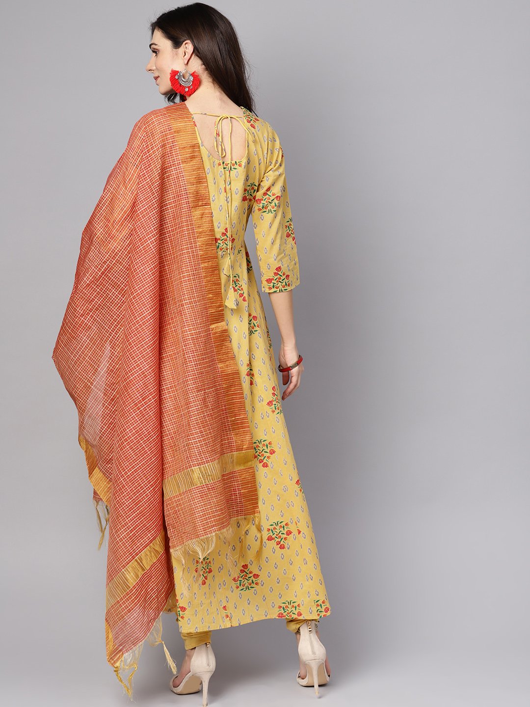 Yellow 3/4th sleeve cotton Anarkali kurta with churidar and dupatta | NOZ2TOZ - Made In INDIA.