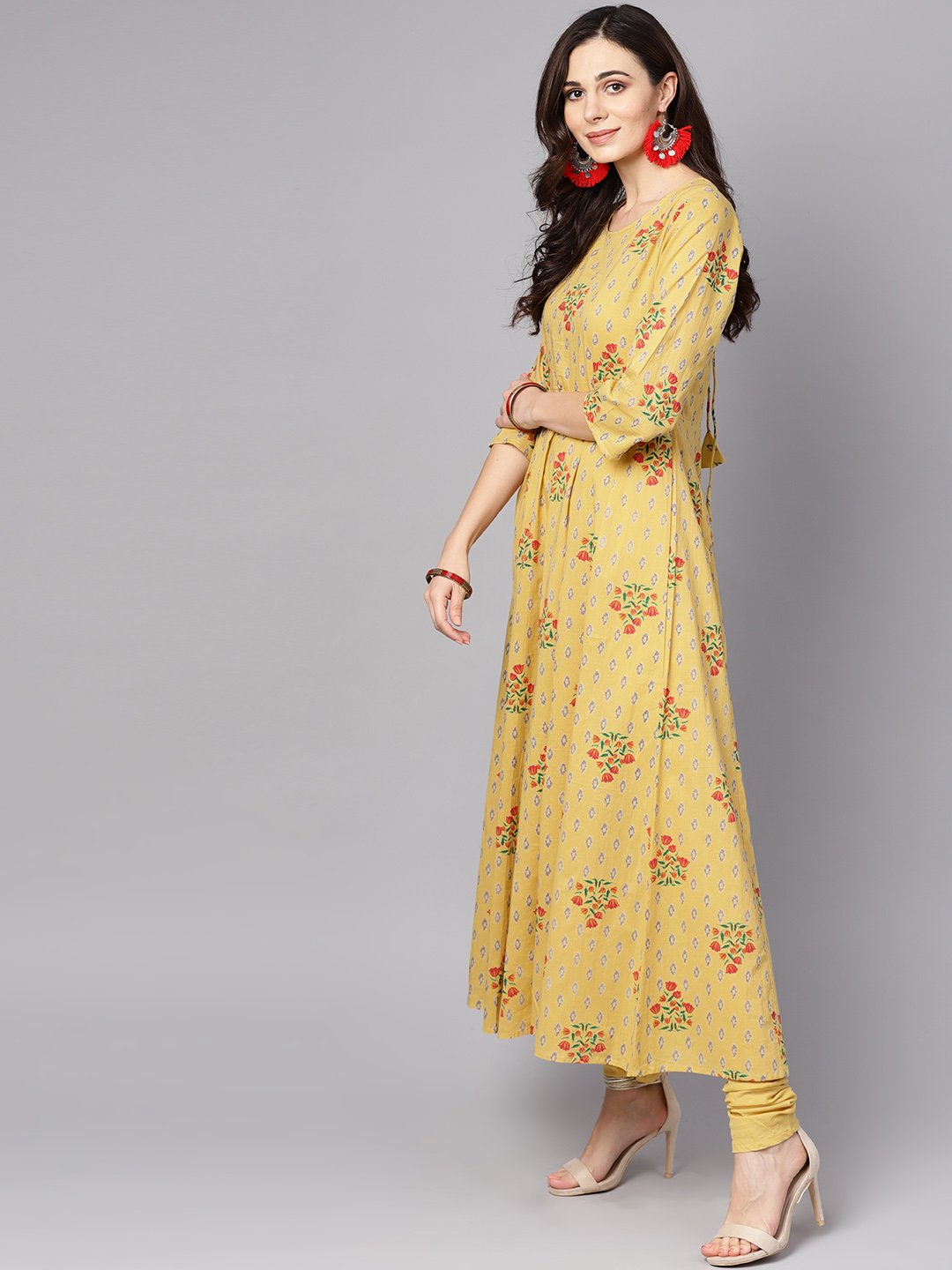 Yellow 3/4th sleeve cotton Anarkali kurta with churidar and dupatta | NOZ2TOZ - Made In INDIA.