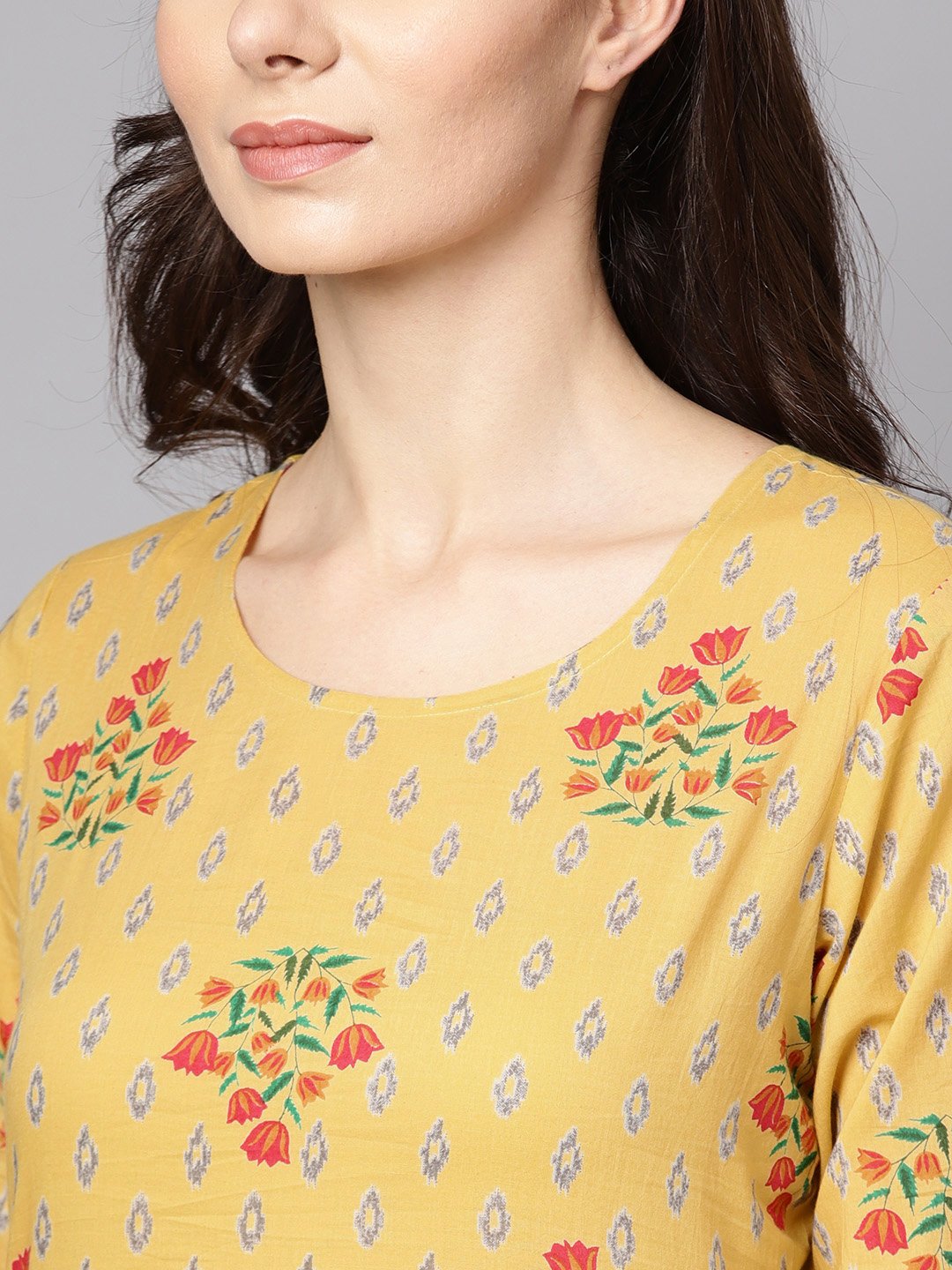 Yellow 3/4th sleeve cotton Anarkali kurta with churidar and dupatta | NOZ2TOZ - Made In INDIA.