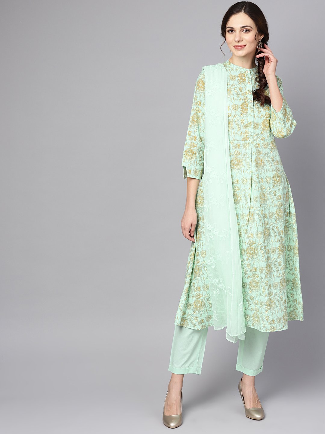 Blue printed 3/4th sleeve cotton Kurta with printed palazzo and embriodery dupatta | NOZ2TOZ - Made In INDIA.