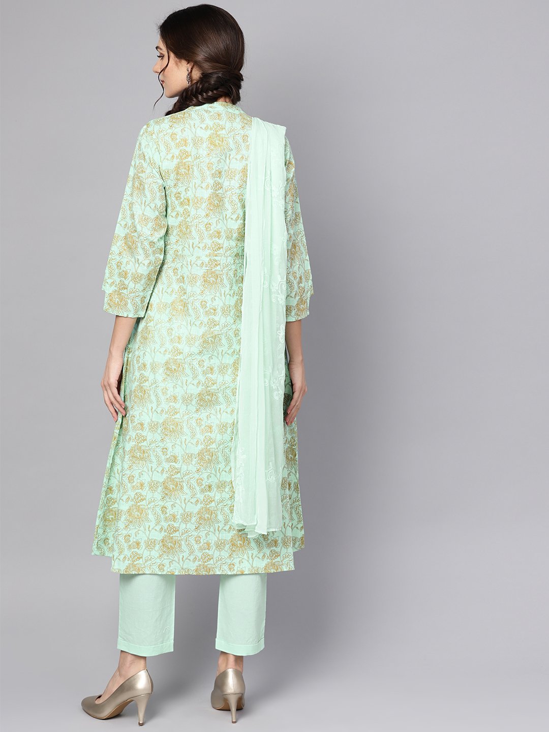 Blue printed 3/4th sleeve cotton Kurta with printed palazzo and embriodery dupatta | NOZ2TOZ - Made In INDIA.