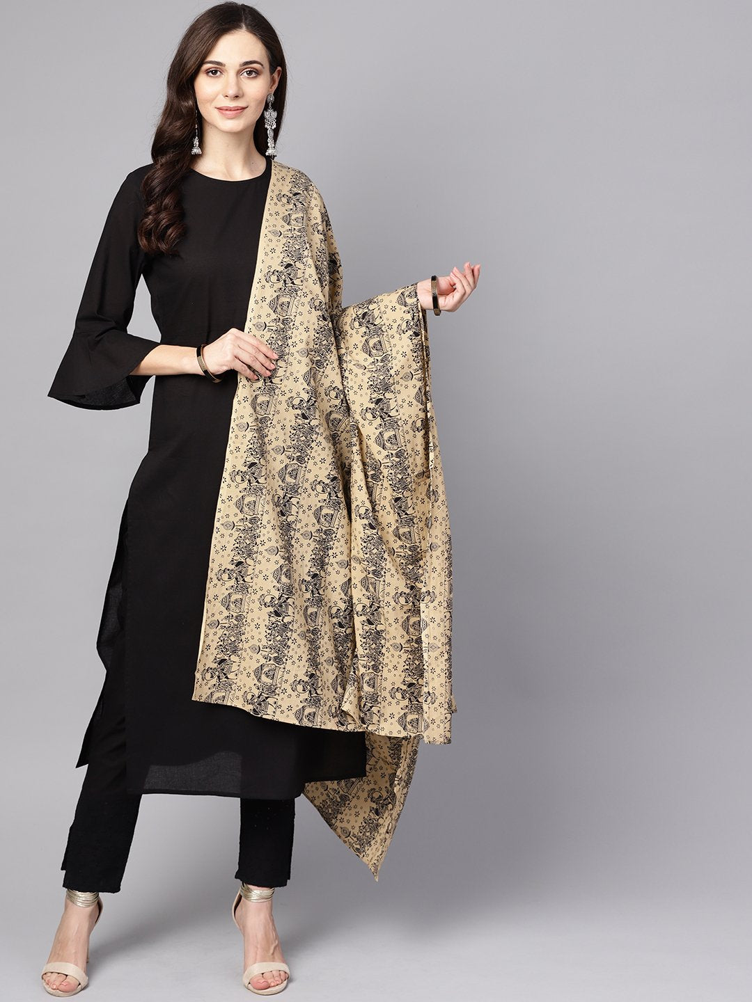 Black 3/4th sleeve cotton kurta and palazzo with beige printed dupatta | NOZ2TOZ - Made In INDIA.