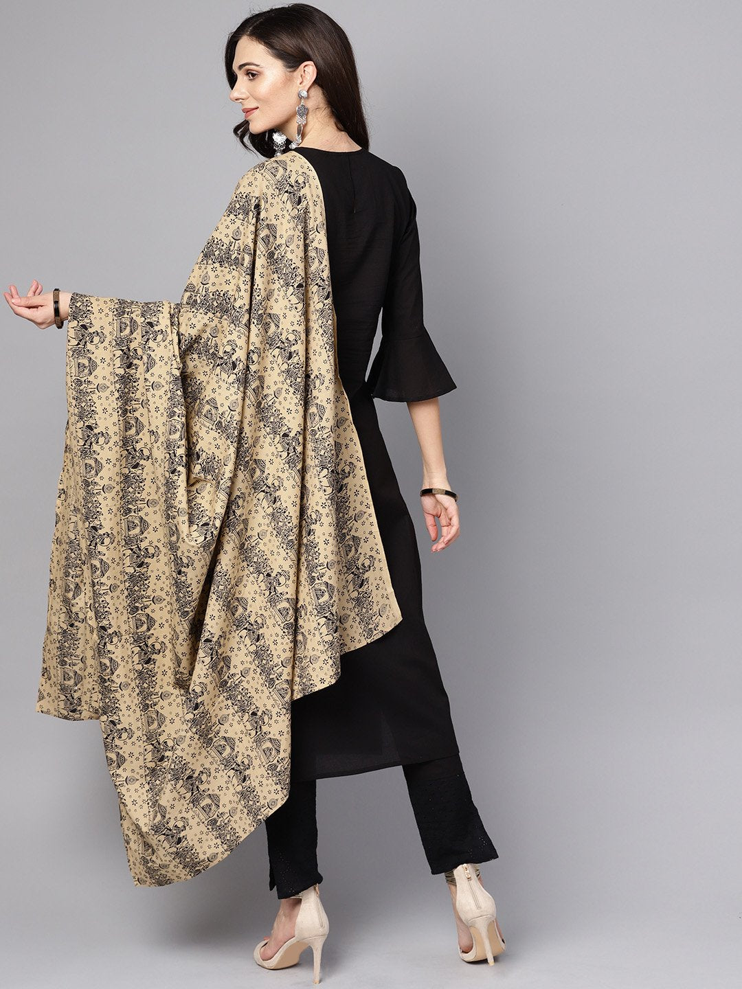 Black 3/4th sleeve cotton kurta and palazzo with beige printed dupatta | NOZ2TOZ - Made In INDIA.