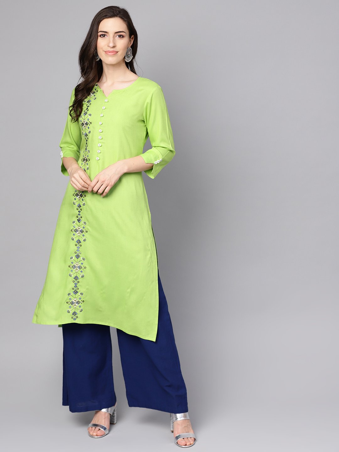 Green 3/4th sleeve rayon Embriodery kurta | NOZ2TOZ - Made In INDIA.