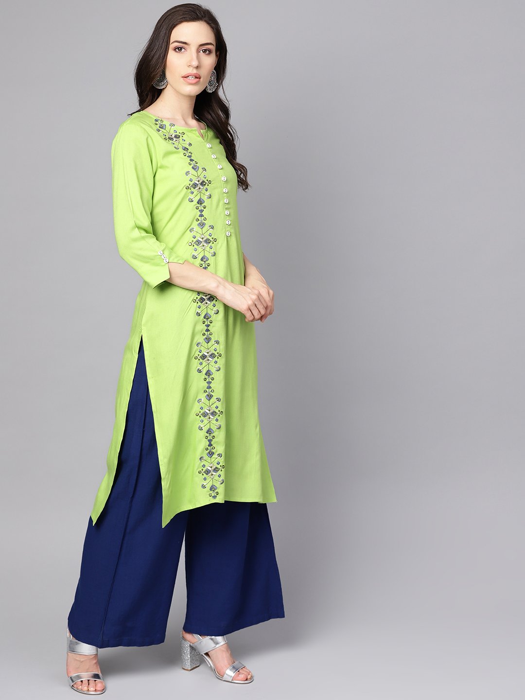 Green 3/4th sleeve rayon Embriodery kurta | NOZ2TOZ - Made In INDIA.