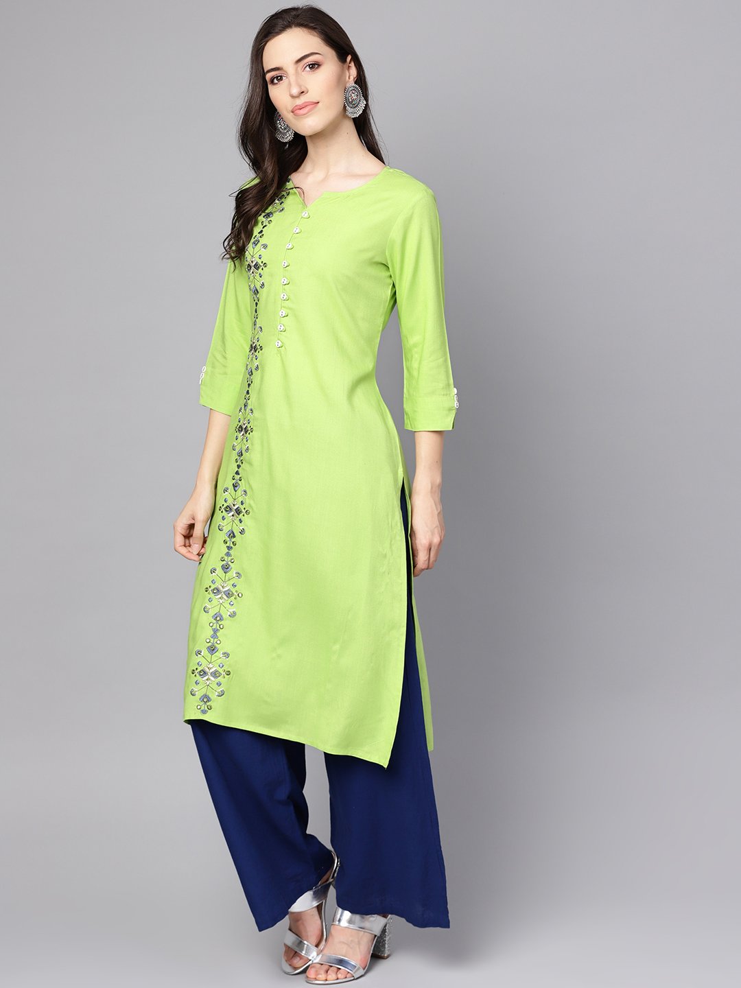 Green 3/4th sleeve rayon Embriodery kurta | NOZ2TOZ - Made In INDIA.