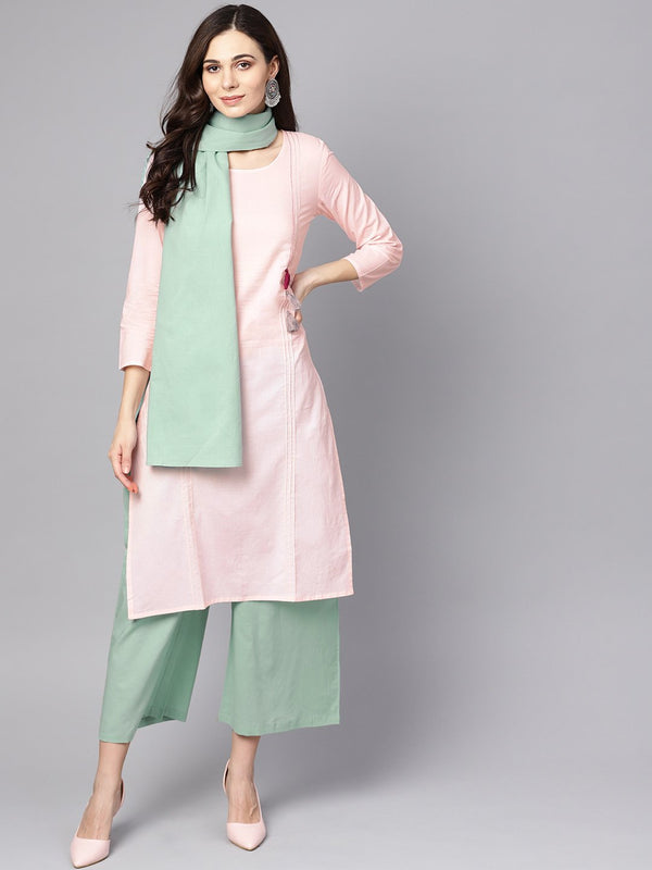 Solid pink 3/4th cotton kurta with Green pallazo and dupatta | NOZ2TOZ - Made In INDIA.