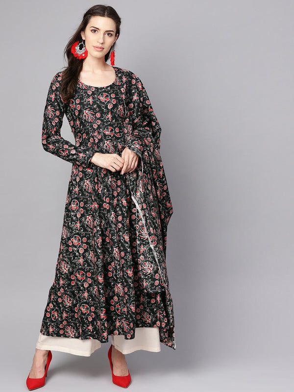 Black printed full sleeve rayon kurta with dupatta and solid beige palazzo | NOZ2TOZ - Made In INDIA.