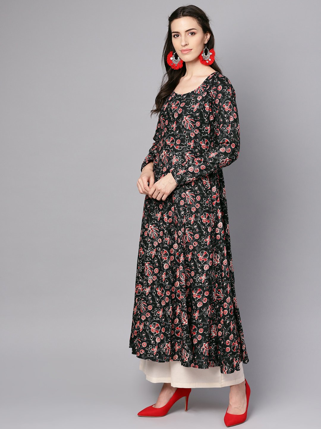 Black printed full sleeve rayon kurta with dupatta and solid beige palazzo | NOZ2TOZ - Made In INDIA.