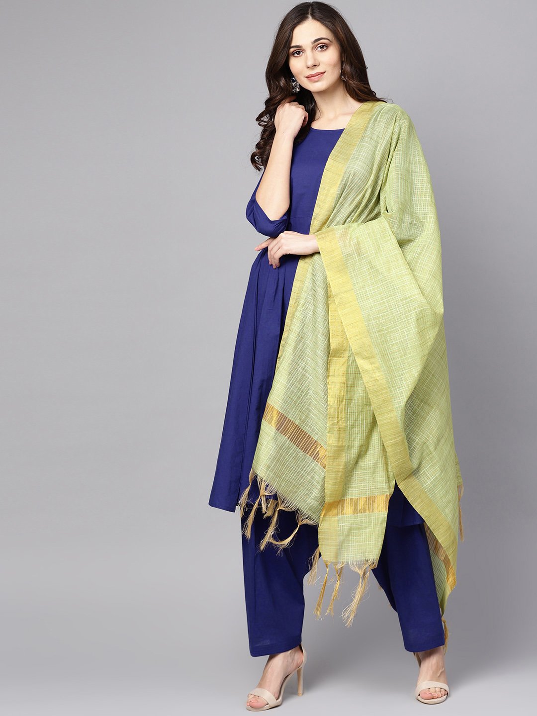 Blue 3/4th sleeve cotton a-line kurta with palazzo and yellow dupatta | NOZ2TOZ - Made In INDIA.