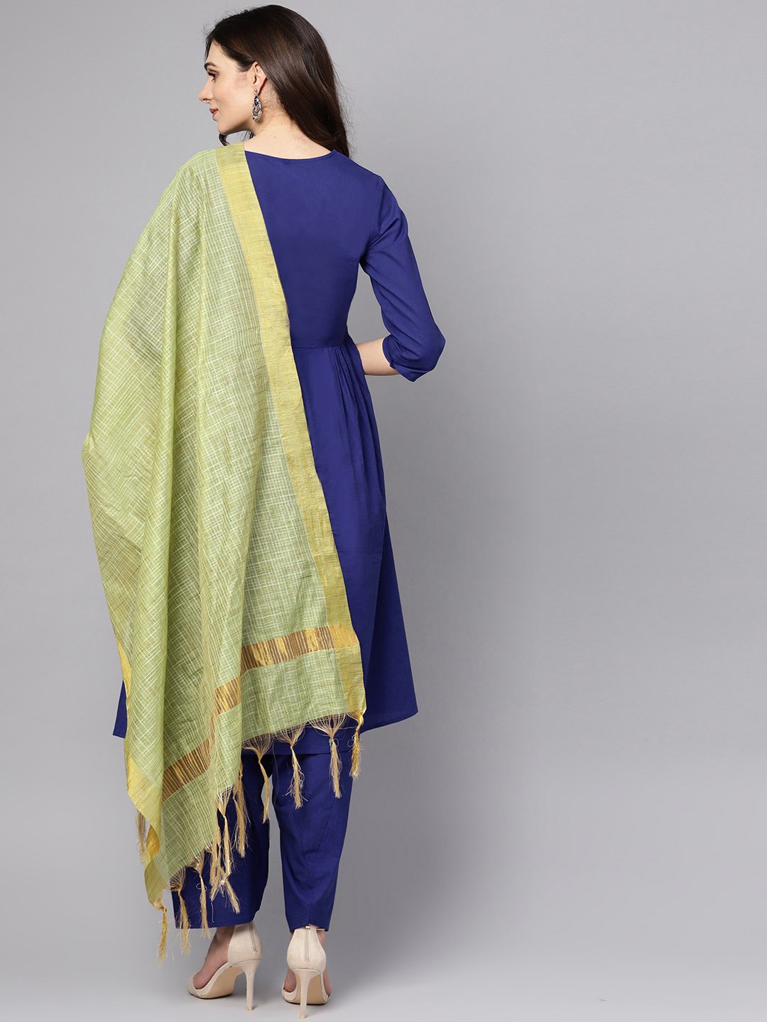 Blue 3/4th sleeve cotton a-line kurta with palazzo and yellow dupatta | NOZ2TOZ - Made In INDIA.