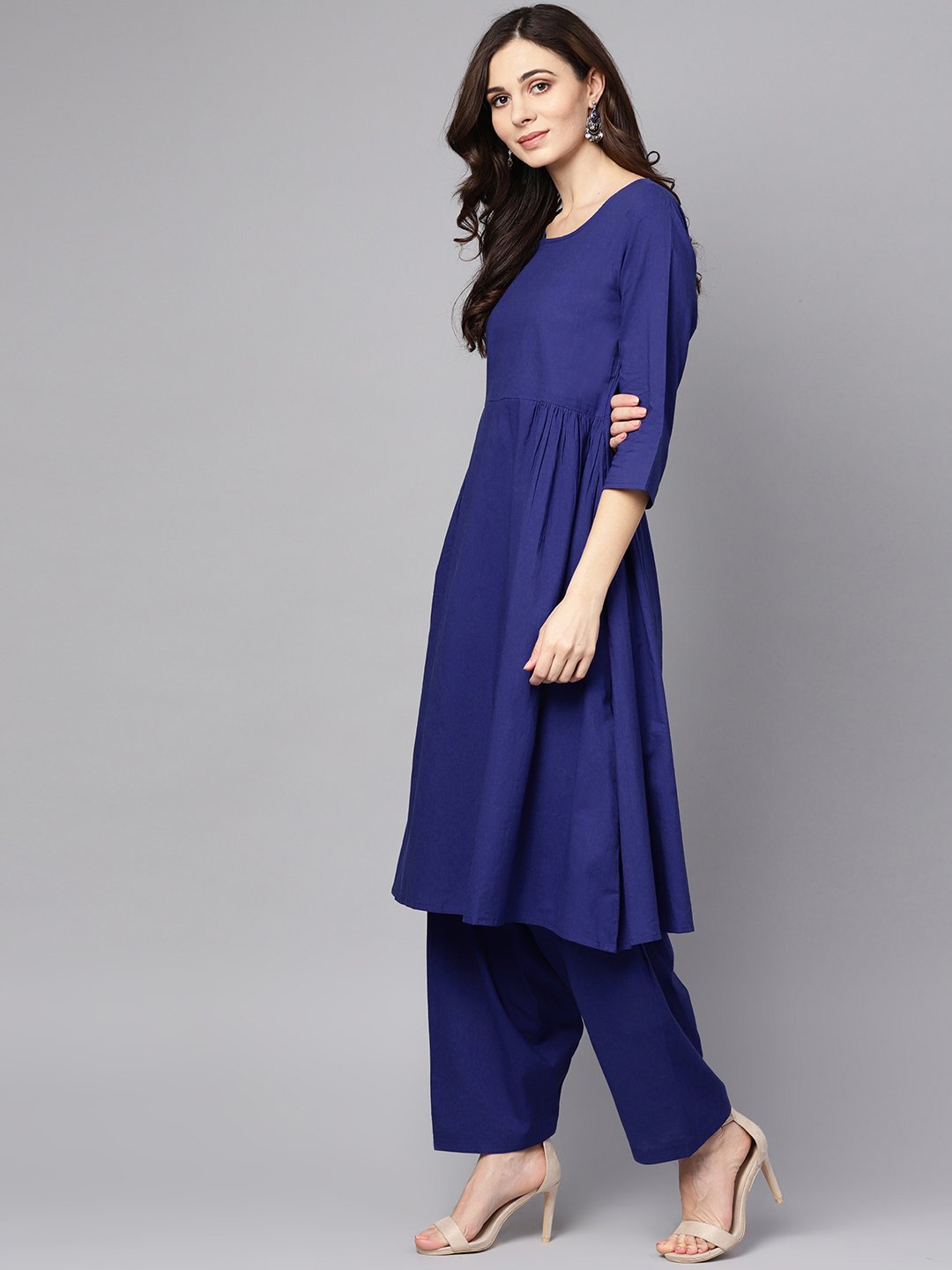 Blue 3/4th sleeve cotton a-line kurta with palazzo and yellow dupatta | NOZ2TOZ - Made In INDIA.