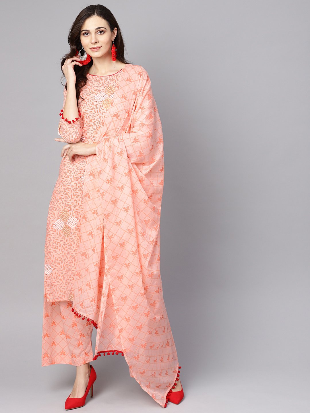 Baby Pink printed 3/4th sleeve cotton kurta with patiala and dupatta | NOZ2TOZ - Made In INDIA.