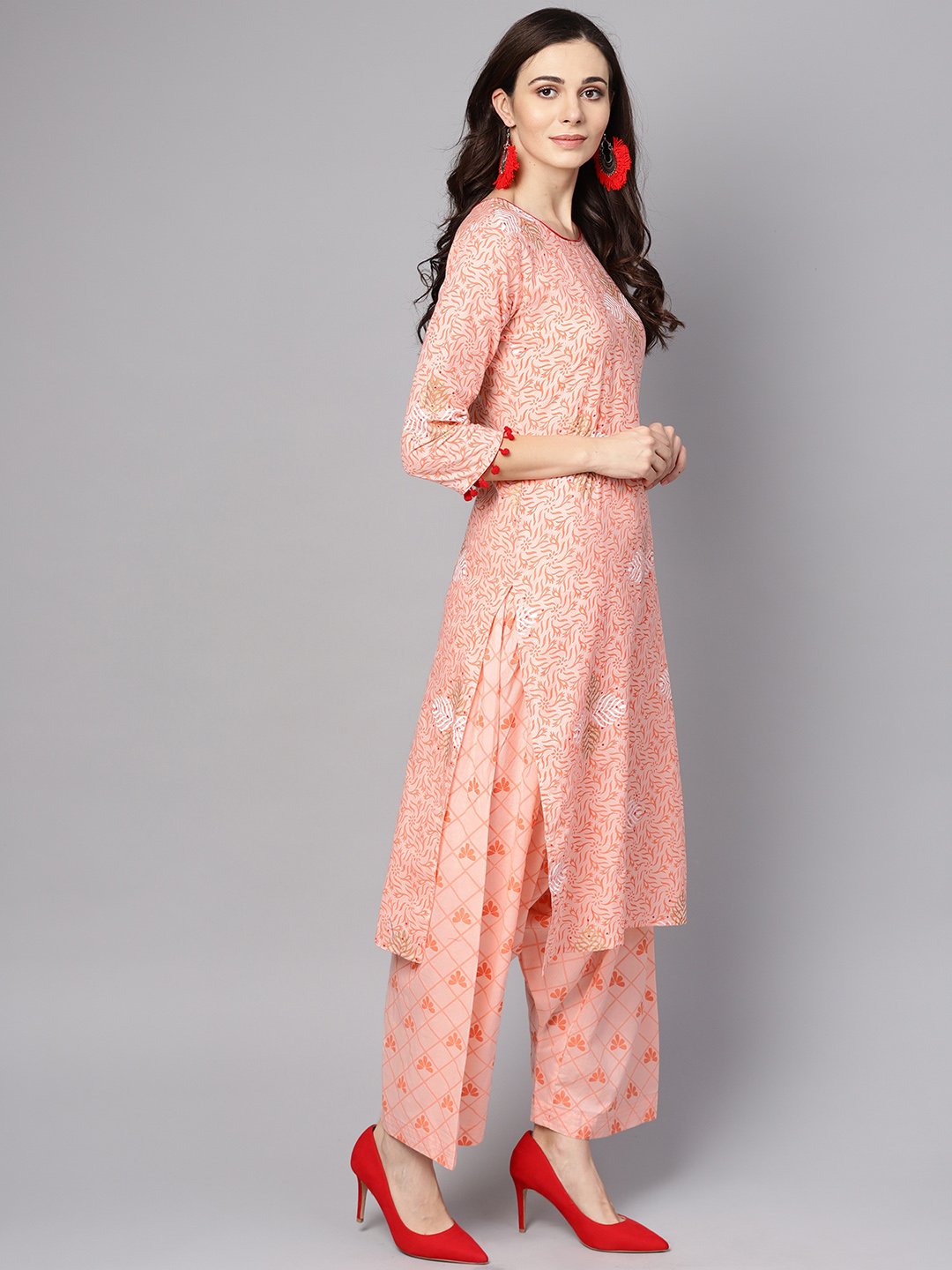 Baby Pink printed 3/4th sleeve cotton kurta with patiala and dupatta | NOZ2TOZ - Made In INDIA.