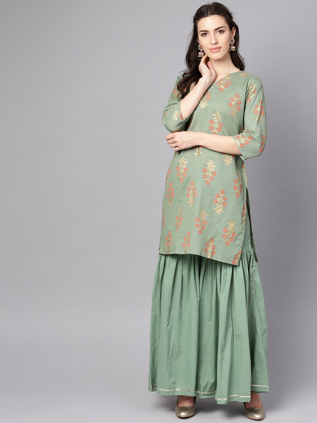 Green printed half sleeve cotton kurta with sharara and orange dupatta | NOZ2TOZ - Made In INDIA.