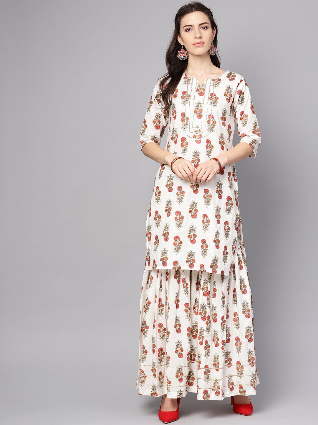 White printed half sleeve cotton kurta with sharara and solid orange dupatta | NOZ2TOZ - Made In INDIA.