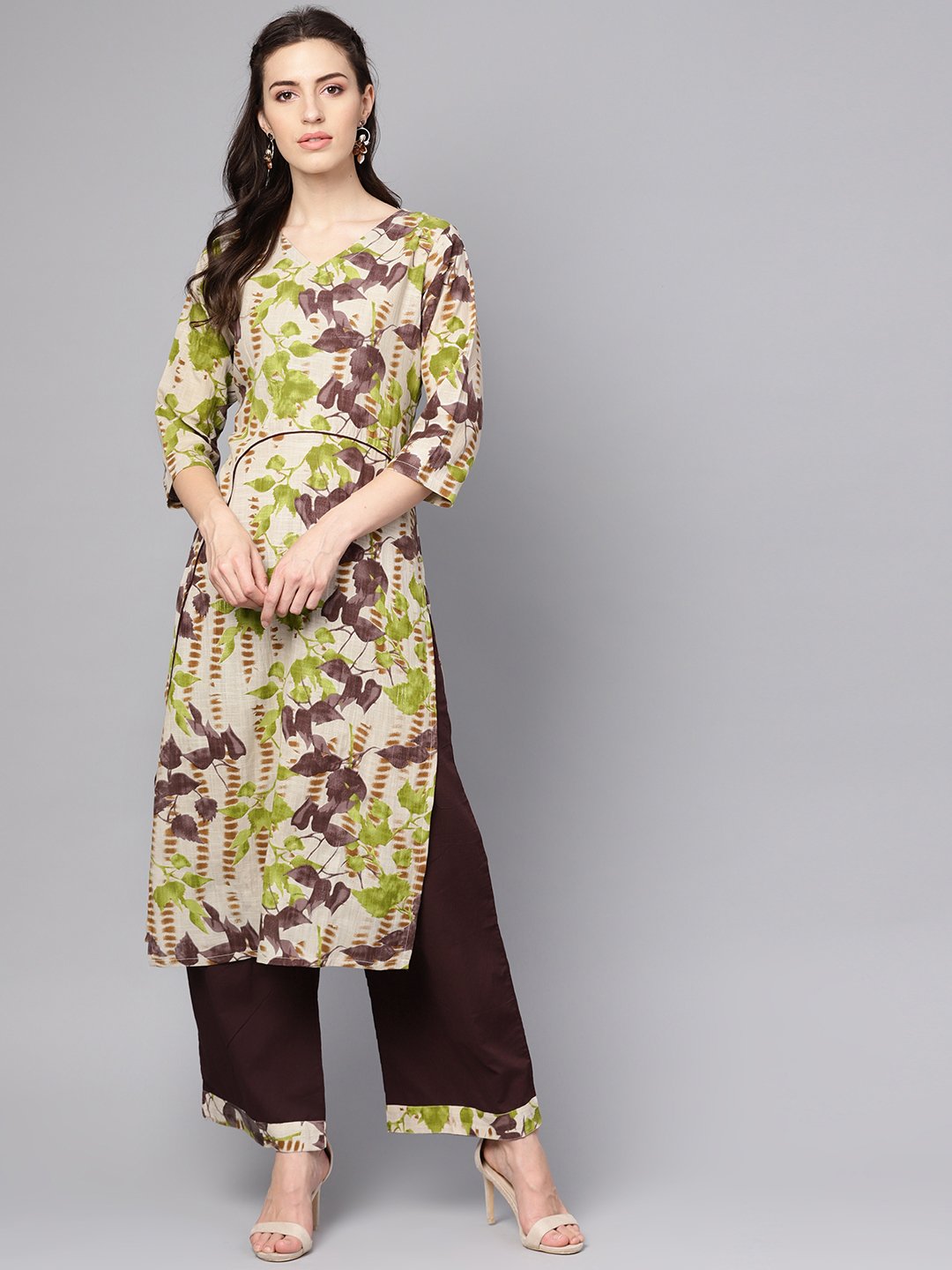 Grey printed 3/4th sleeve cotton kurta with coffee brown palazzo | NOZ2TOZ - Made In INDIA.