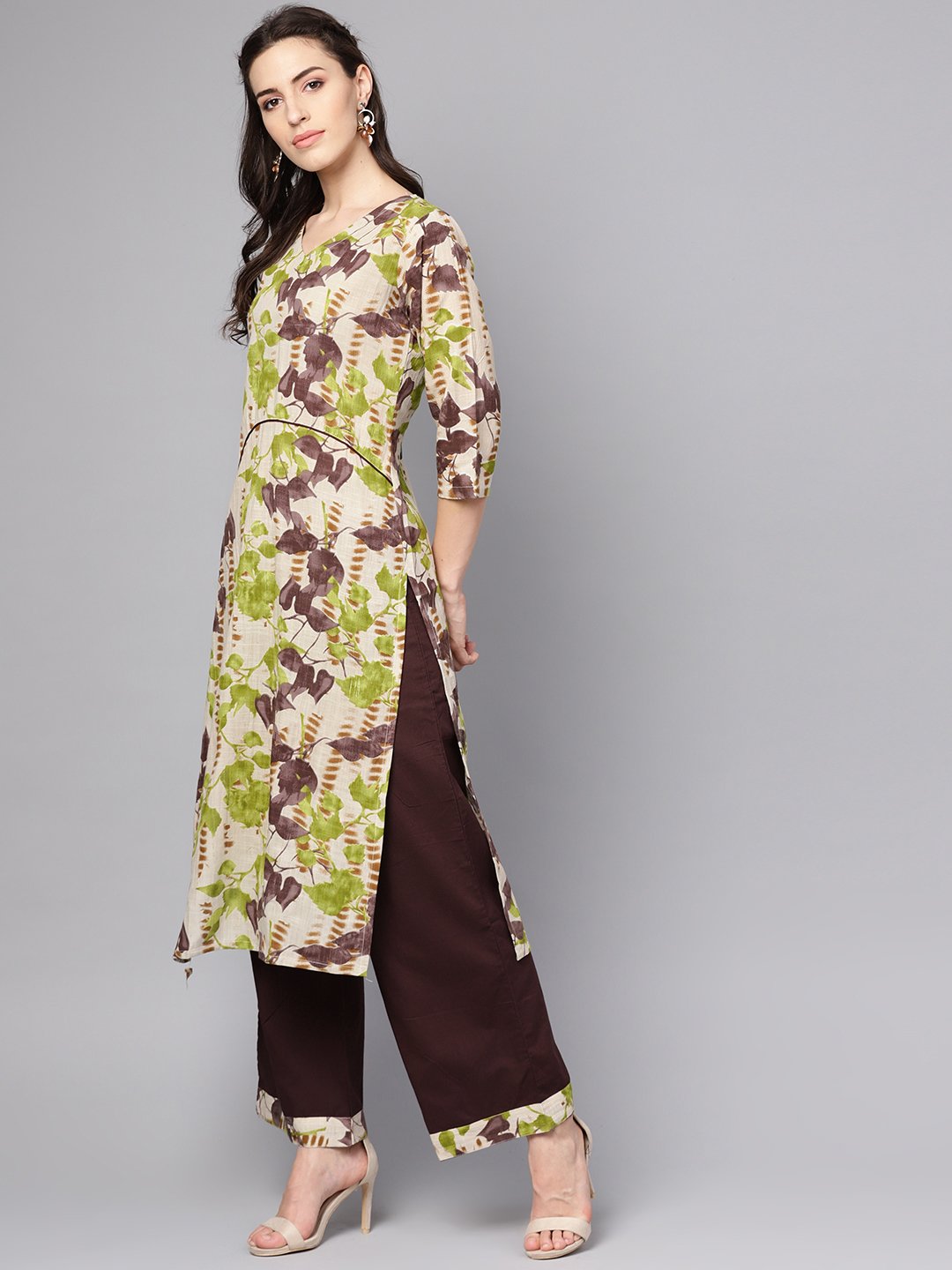 Grey printed 3/4th sleeve cotton kurta with coffee brown palazzo | NOZ2TOZ - Made In INDIA.