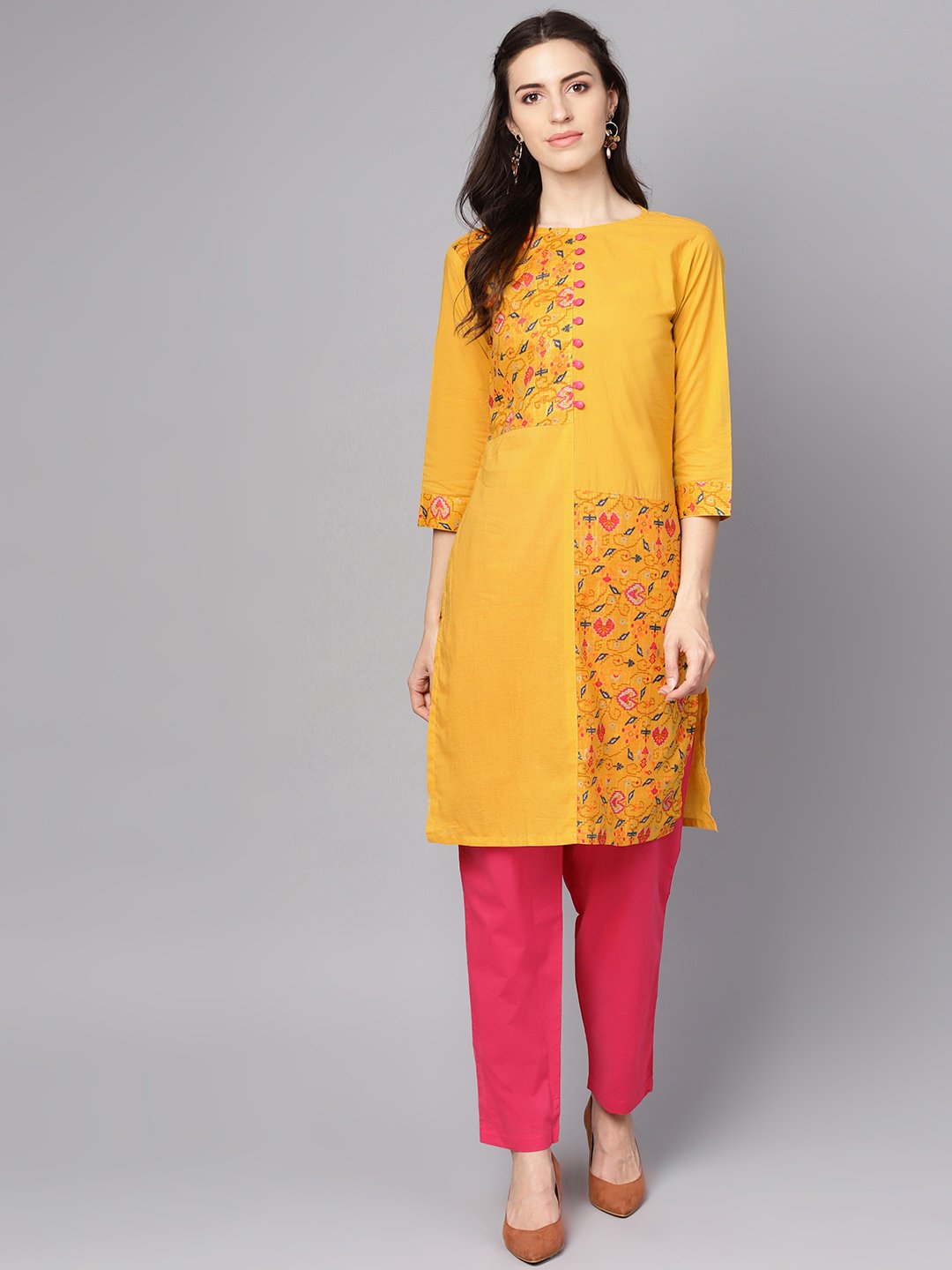 Yellow printed 3/4th sleeve cotton kurta with red palazzo | NOZ2TOZ - Made In INDIA.