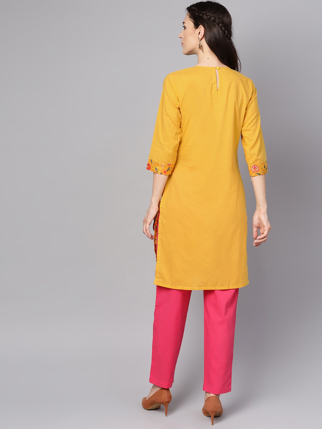 Yellow printed 3/4th sleeve cotton kurta with red palazzo | NOZ2TOZ - Made In INDIA.