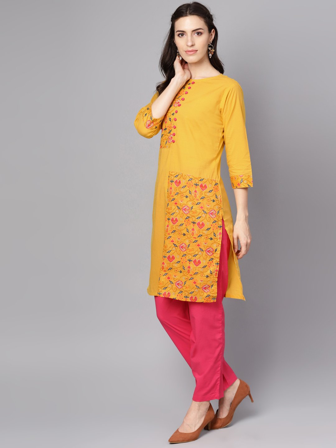 Yellow printed 3/4th sleeve cotton kurta with red palazzo | NOZ2TOZ - Made In INDIA.