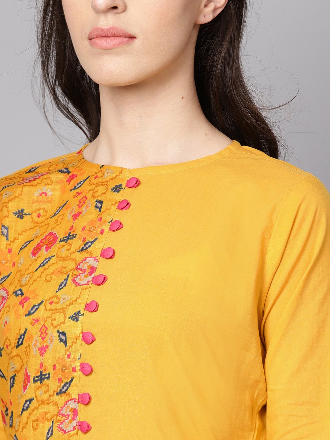 Yellow printed 3/4th sleeve cotton kurta with red palazzo | NOZ2TOZ - Made In INDIA.