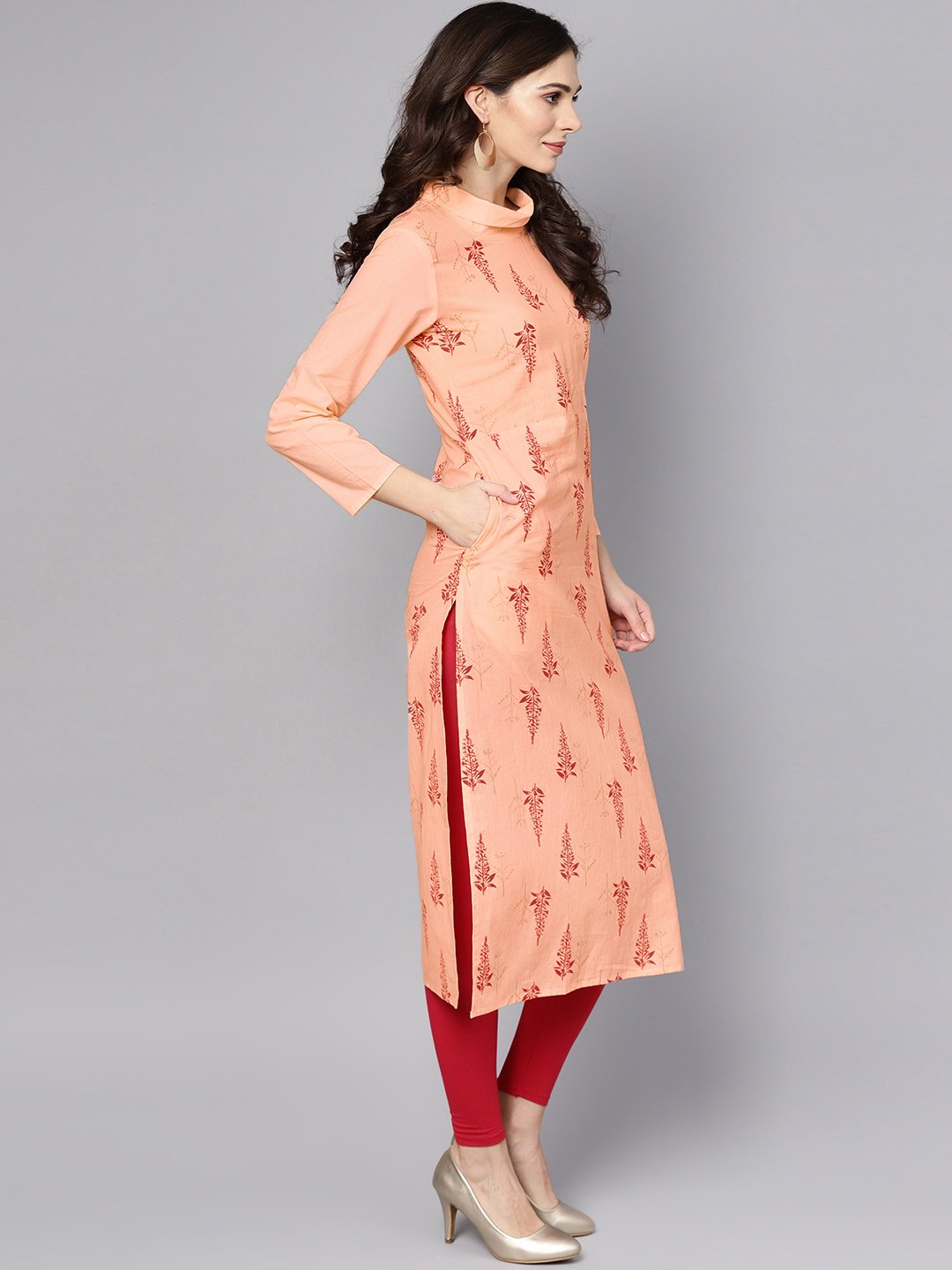 Closed neck solid Peach 3/4th sleeve cotton straight kurta | NOZ2TOZ - Made In INDIA.