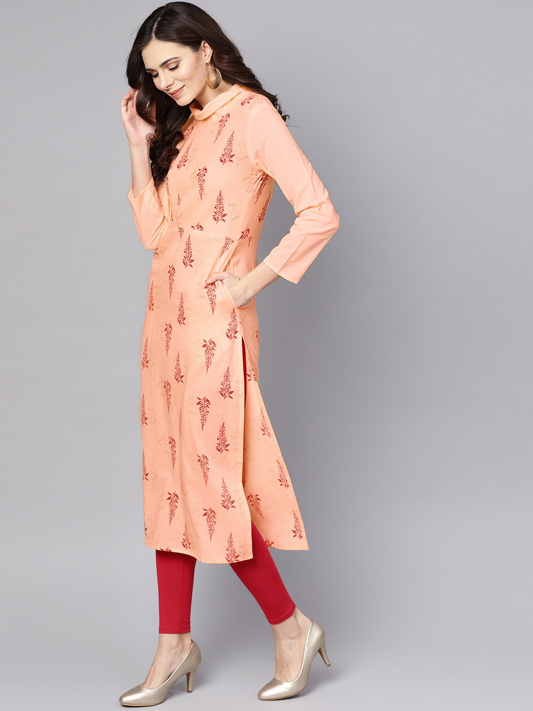 Closed neck solid Peach 3/4th sleeve cotton straight kurta | NOZ2TOZ - Made In INDIA.