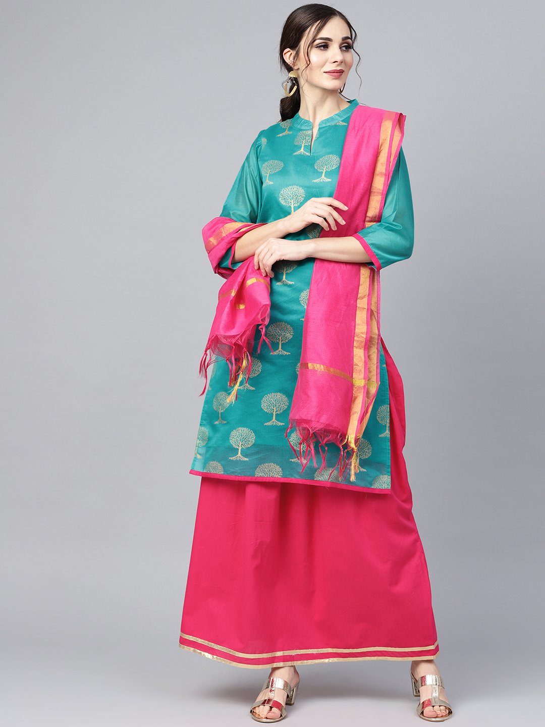 floral foil print chanderi straight kurta (with lining) with solid skirt and printed dupatta | NOZ2TOZ - Made In INDIA.