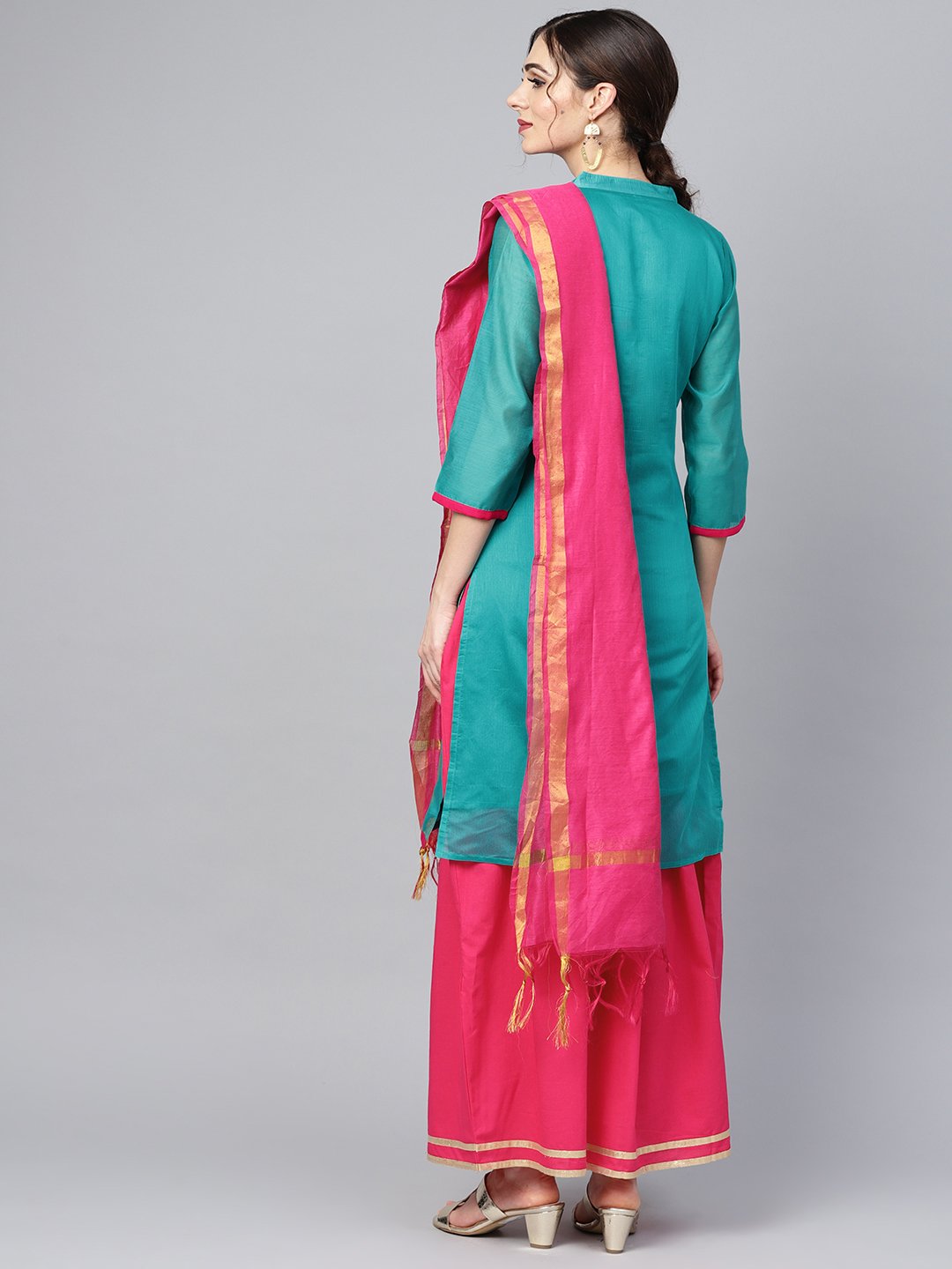 floral foil print chanderi straight kurta (with lining) with solid skirt and printed dupatta | NOZ2TOZ - Made In INDIA.