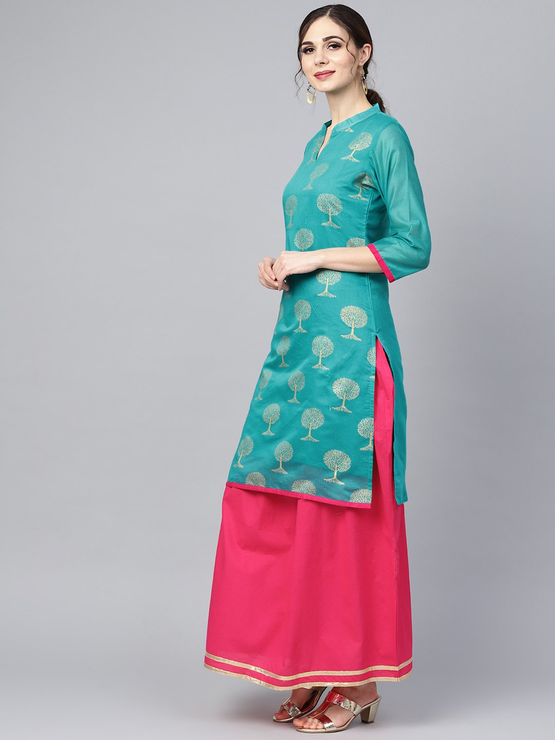 floral foil print chanderi straight kurta (with lining) with solid skirt and printed dupatta | NOZ2TOZ - Made In INDIA.