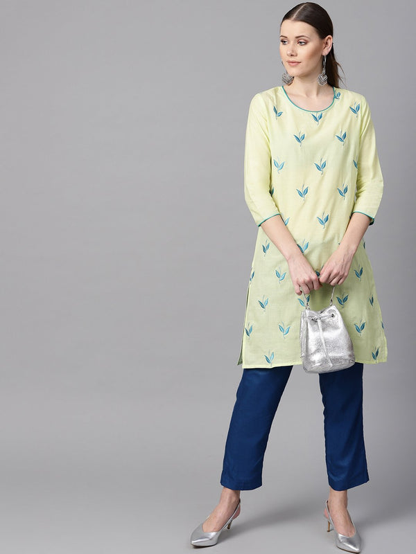 leaf Embroidered yellow 3/4th sleeve kurta | NOZ2TOZ - Made In INDIA.