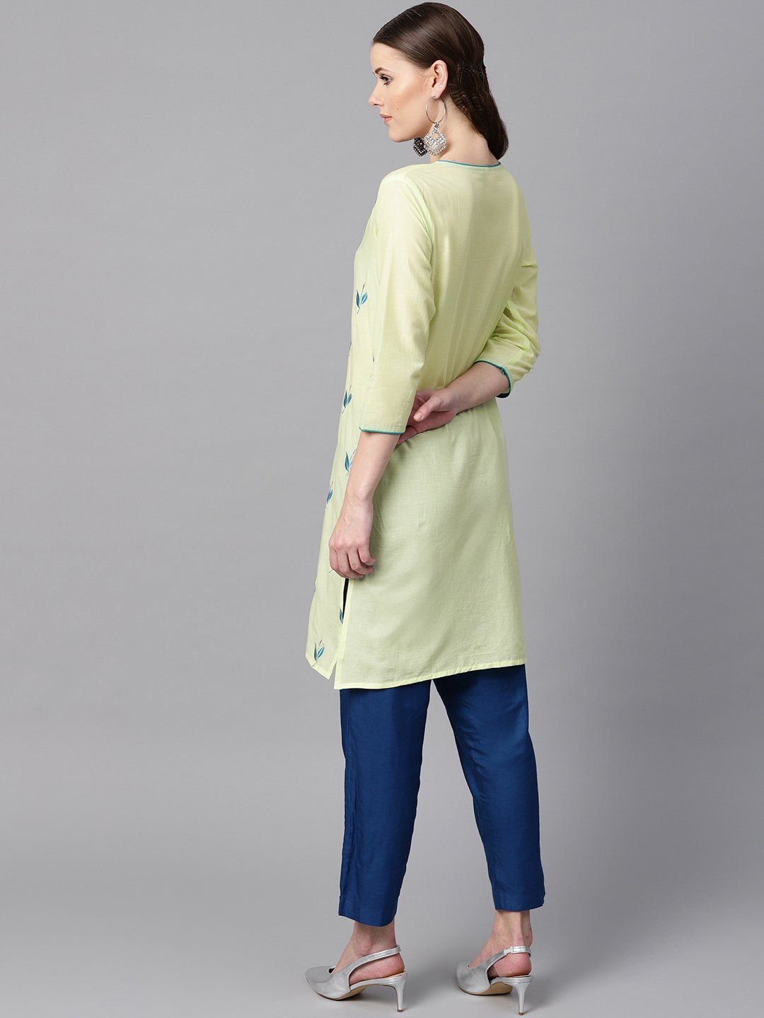 leaf Embroidered yellow 3/4th sleeve kurta | NOZ2TOZ - Made In INDIA.