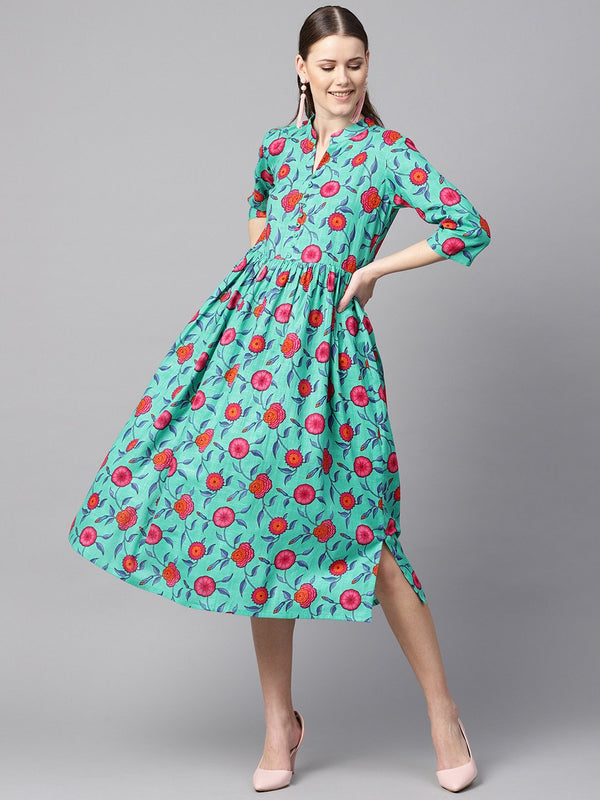 Blue colored Floral Printed 3/4th sleeve pleated dress | NOZ2TOZ - Made In INDIA.