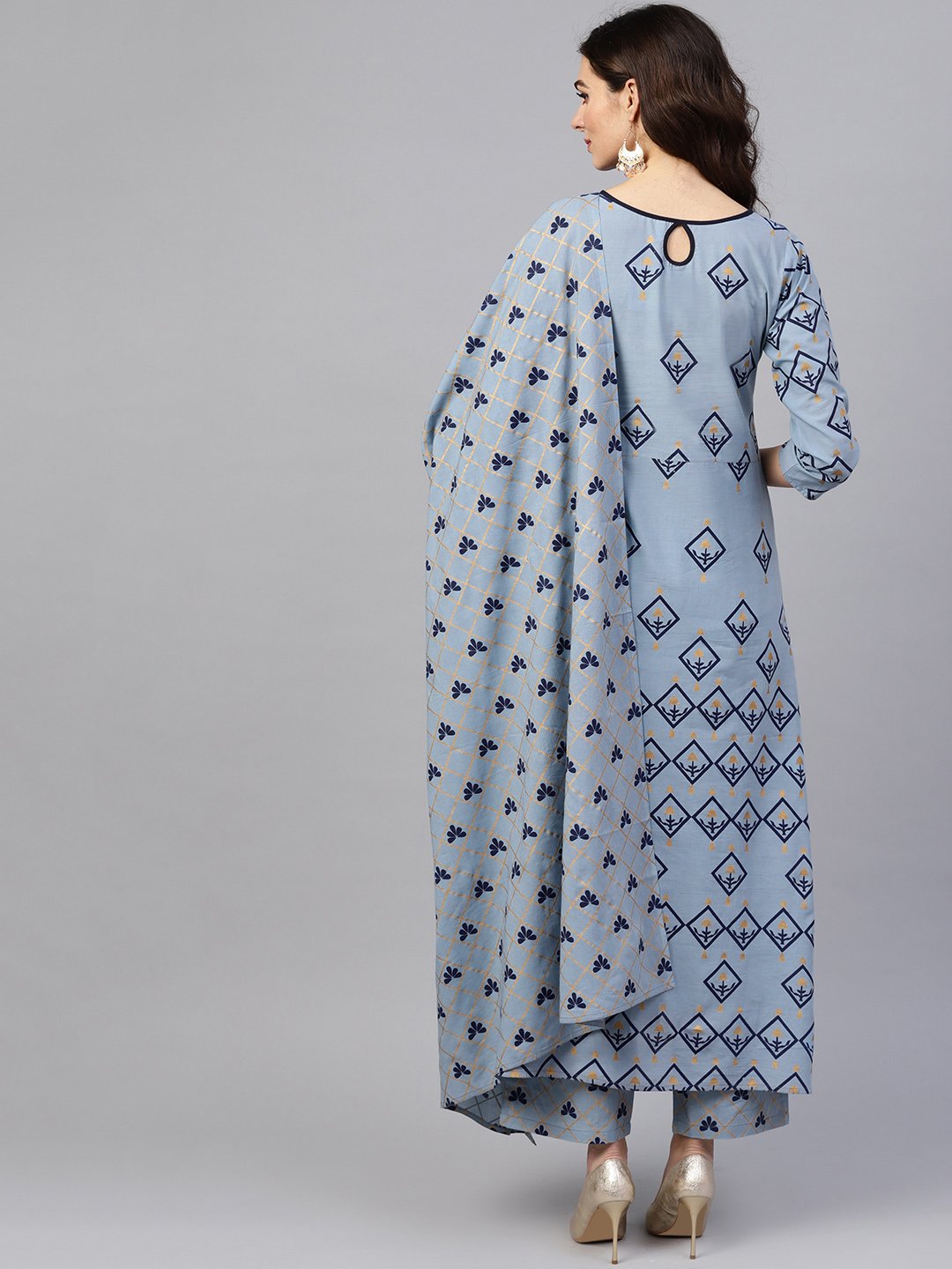 Women Blue & Golden Printed Kurta with Trousers & Dupatta | NOZ2TOZ - Made In INDIA.