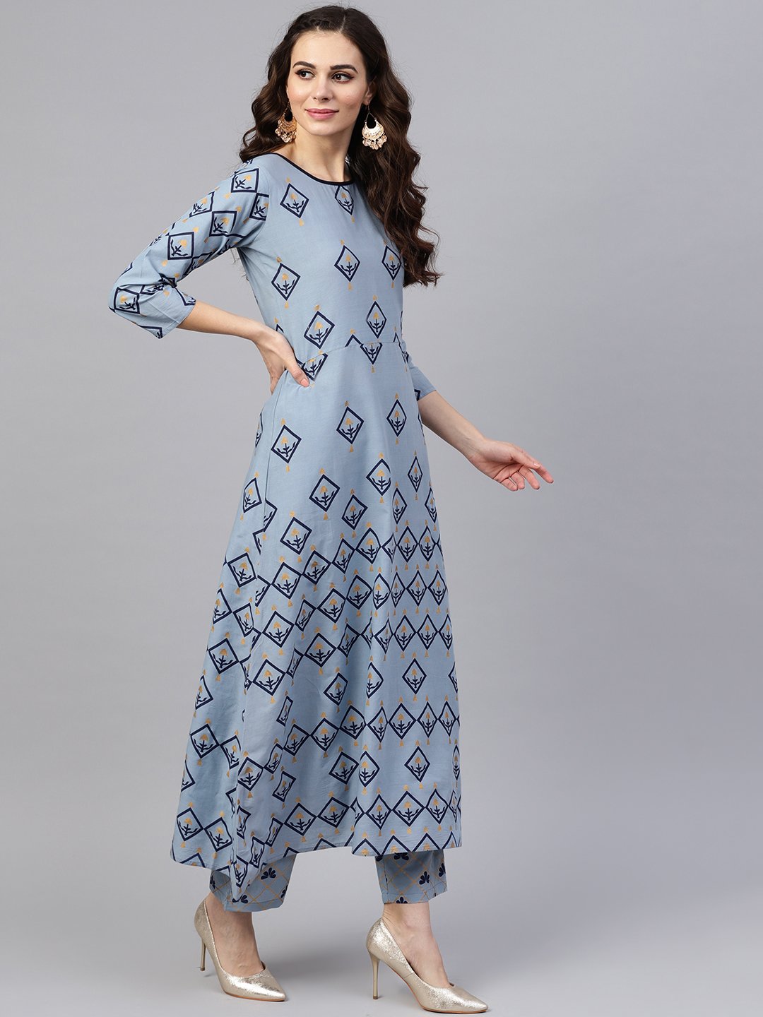 Women Blue & Golden Printed Kurta with Trousers & Dupatta | NOZ2TOZ - Made In INDIA.