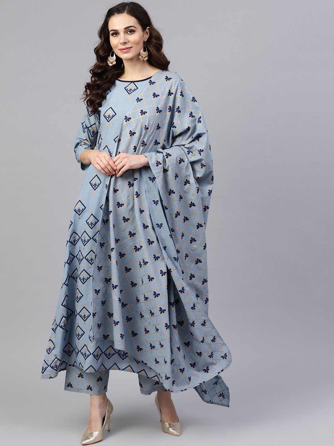 Women Blue & Golden Printed Kurta with Trousers & Dupatta | NOZ2TOZ - Made In INDIA.