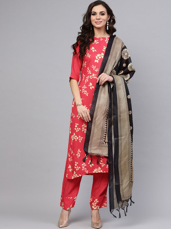 Leaf printed straight kurta and solid pants with printed dupatta | NOZ2TOZ - Made In INDIA.