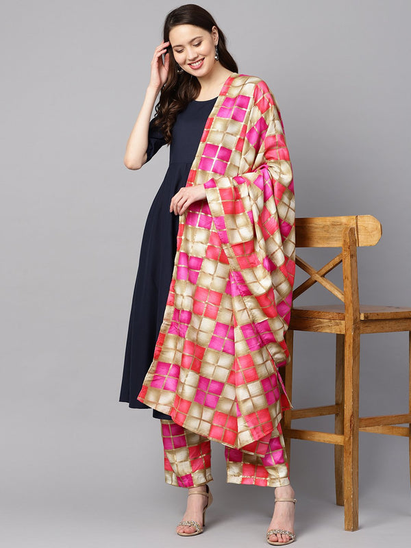 Solid navy blue gathered a-line kurta with solid navy blue palazzo with checks printed cuff at the hem with checks printed dupatta | NOZ2TOZ - Made In INDIA.