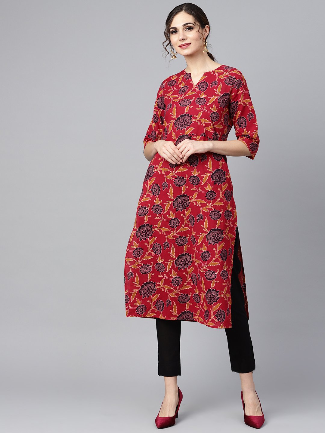 Maroon Floral Printed 3/4th sleeve straight kurta with solid black cigerette pants | NOZ2TOZ - Made In INDIA.