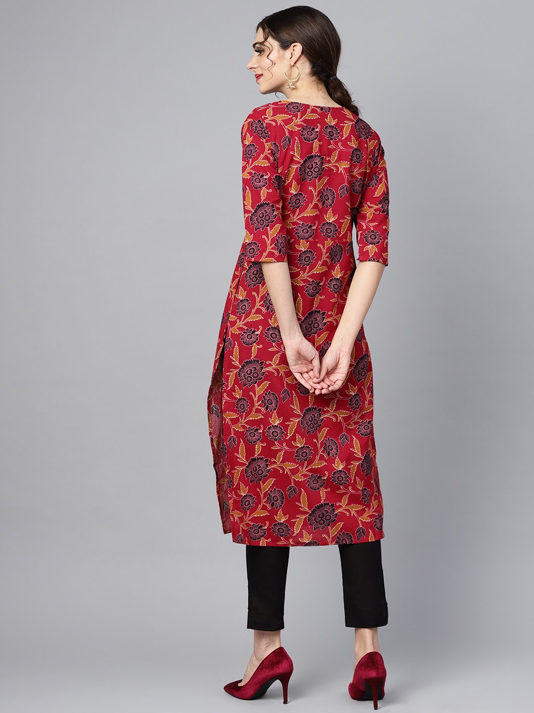 Maroon Floral Printed 3/4th sleeve straight kurta with solid black cigerette pants | NOZ2TOZ - Made In INDIA.