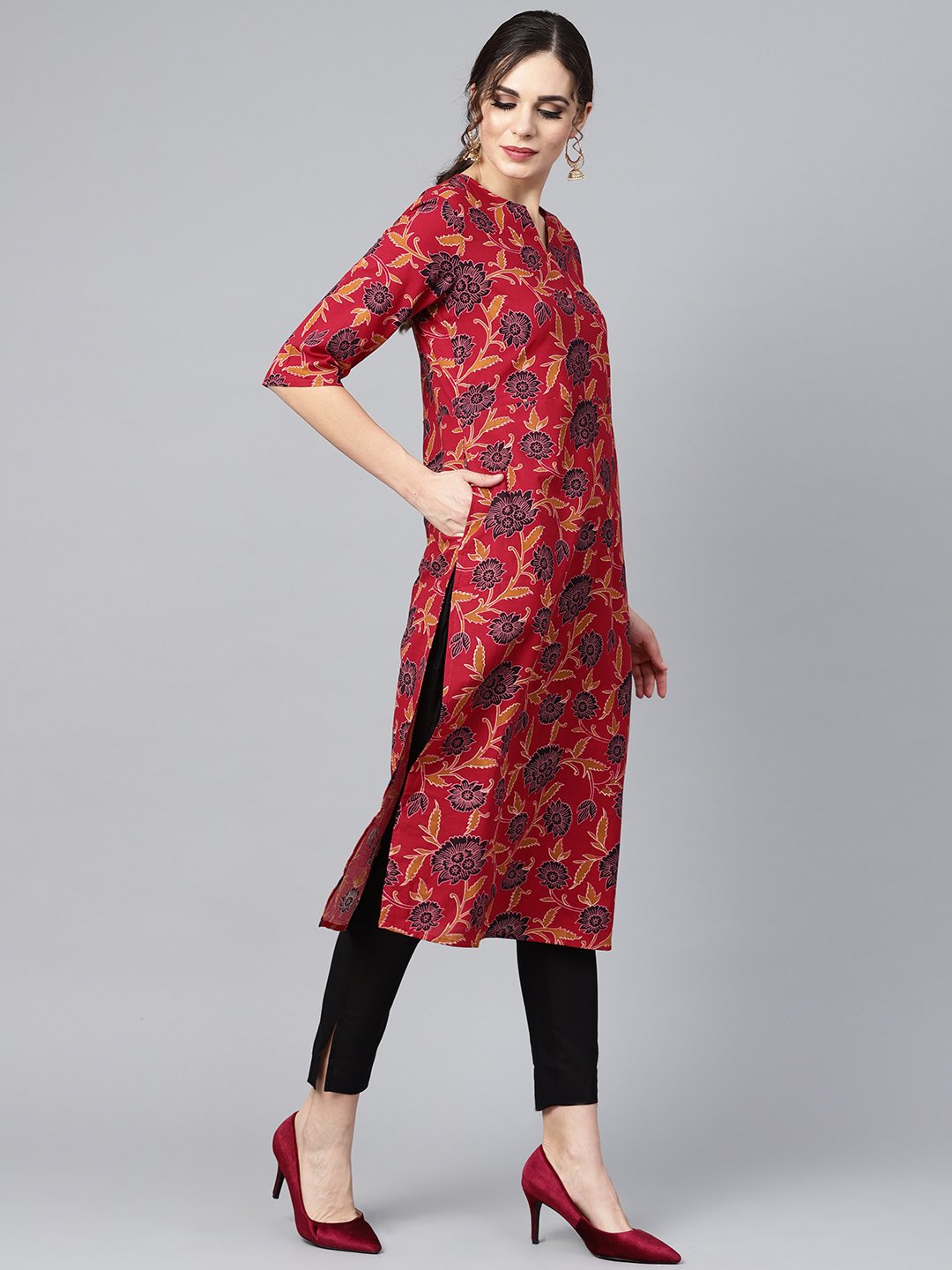 Maroon Floral Printed 3/4th sleeve straight kurta with solid black cigerette pants | NOZ2TOZ - Made In INDIA.