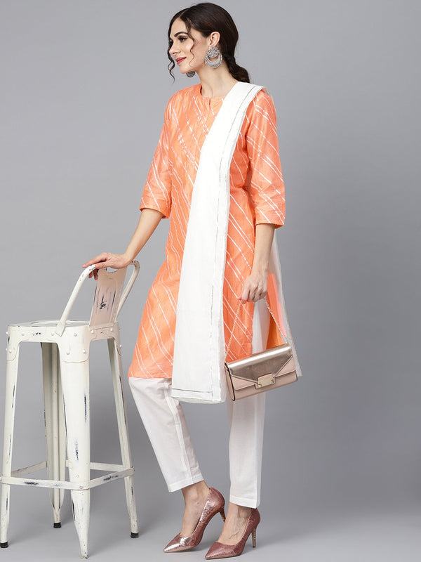 Solid peach gota detailing straight kurta and solid off white pants  with gota detailing off white mul dupatta | NOZ2TOZ - Made In INDIA.